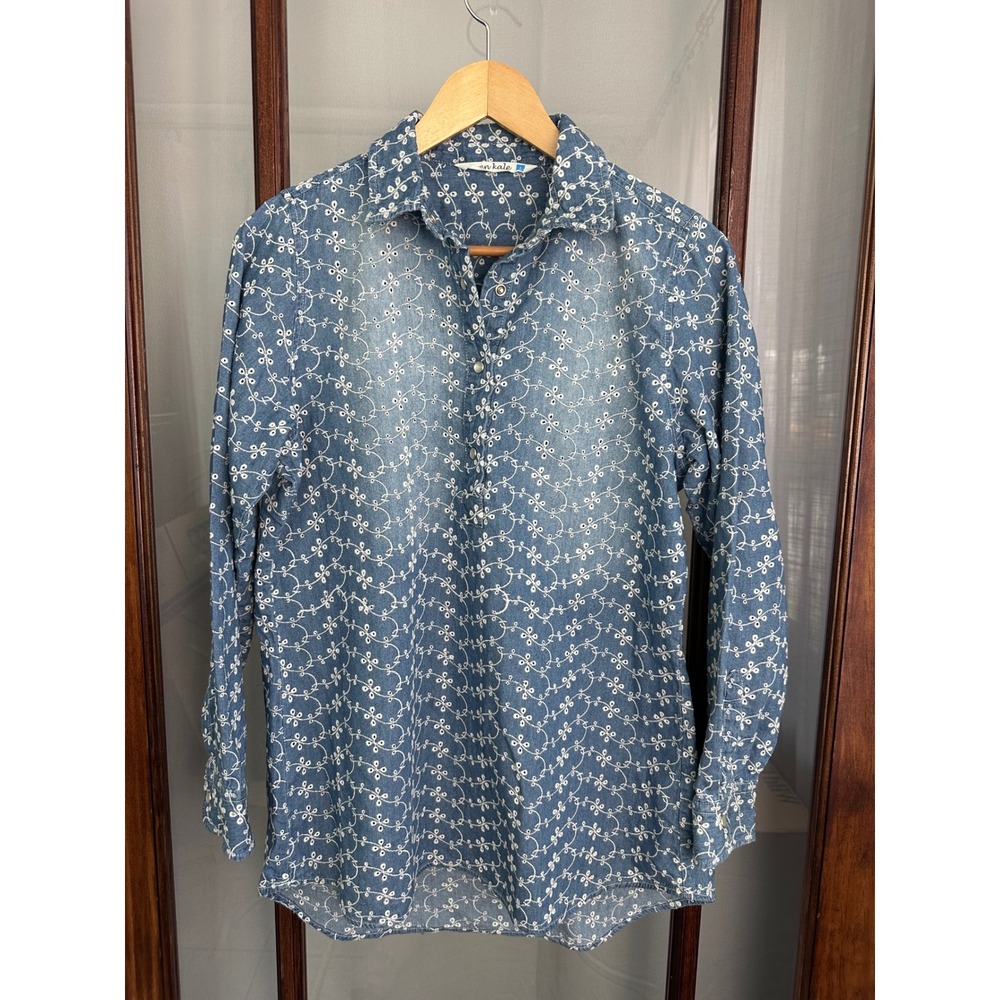 Given Kale Blue Denim Embroidered Eyelet Long Sleeve Shirt L Country Western